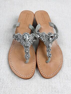 Mystique Jeweled Wedge Thong Sandals Women's Silver Crystal Rhinestone Strap